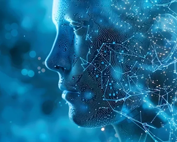 Digitales menschliches Gesicht in Blautönen mit Datennetzwerk