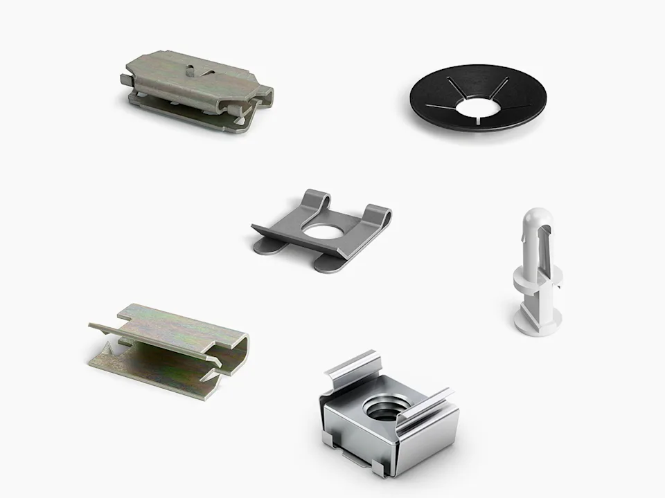 Six different types of clip fasteners on a white background.