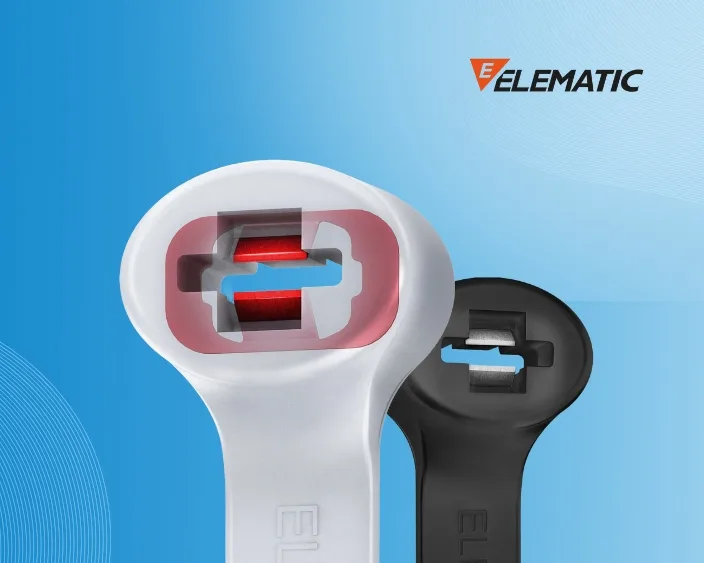 Zwei Elematic Kabelbinder in Schwarz und Weiß mit internem Verriegelungsmechanismus.