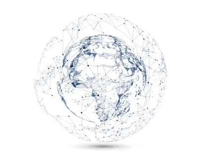 Abstrakte Darstellung einer Weltkugel aus blauen, vernetzten Punkten und Linien, symbolisiert globale Vernetzung.