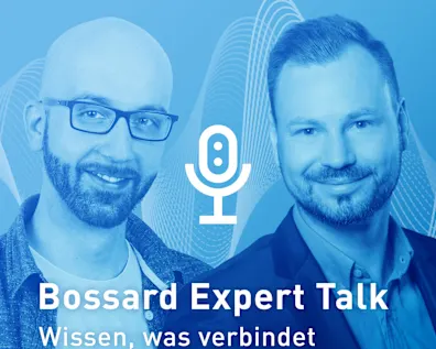 Portrait von Tobias Klöden und Denis Heinrich mit blauem Filter, Fotomontage mit einem weißen Mikrofon Icon und dem Text Bossard Expert Talk, Wissen, was verbindet. Bossard Logo in oberer Ecke