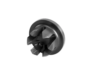 Ein schwarzer MM-Welding LiteWWeight® Lotus Verbindungselement für Ultraschallschweißen auf weißem Hintergrund
