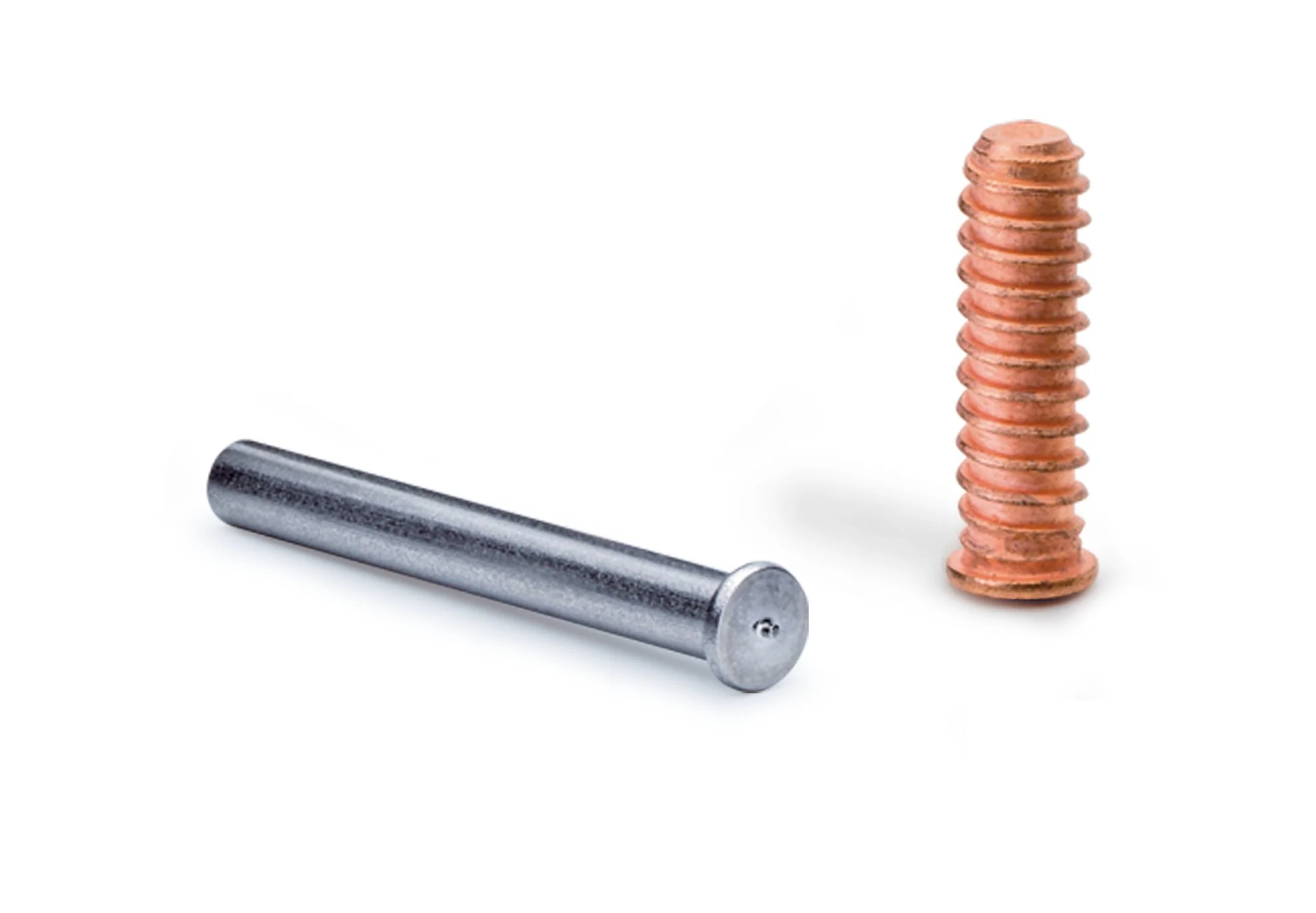 A silver metal rod and a copper-colored threaded bolt are placed on a white background.