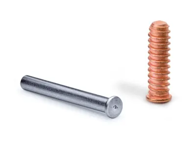 A silver metal rod and a copper-colored threaded bolt are placed on a white background.