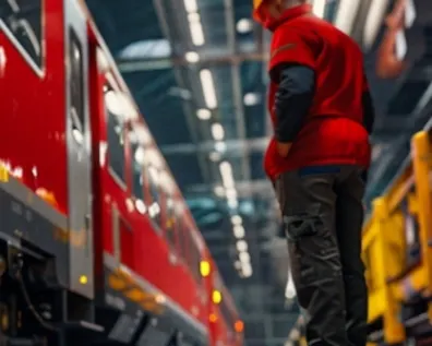 Arbeiter in roter Uniform neben einem Zug in einer Wartungshalle