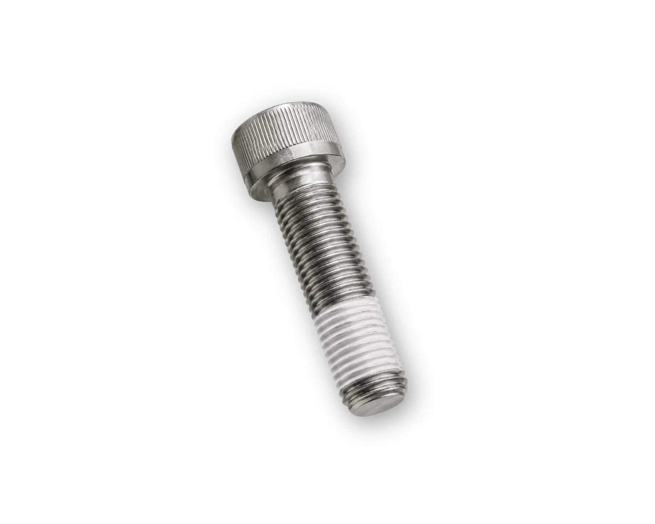 Knurled head screw with white Precote 5 sealing coating on white background.