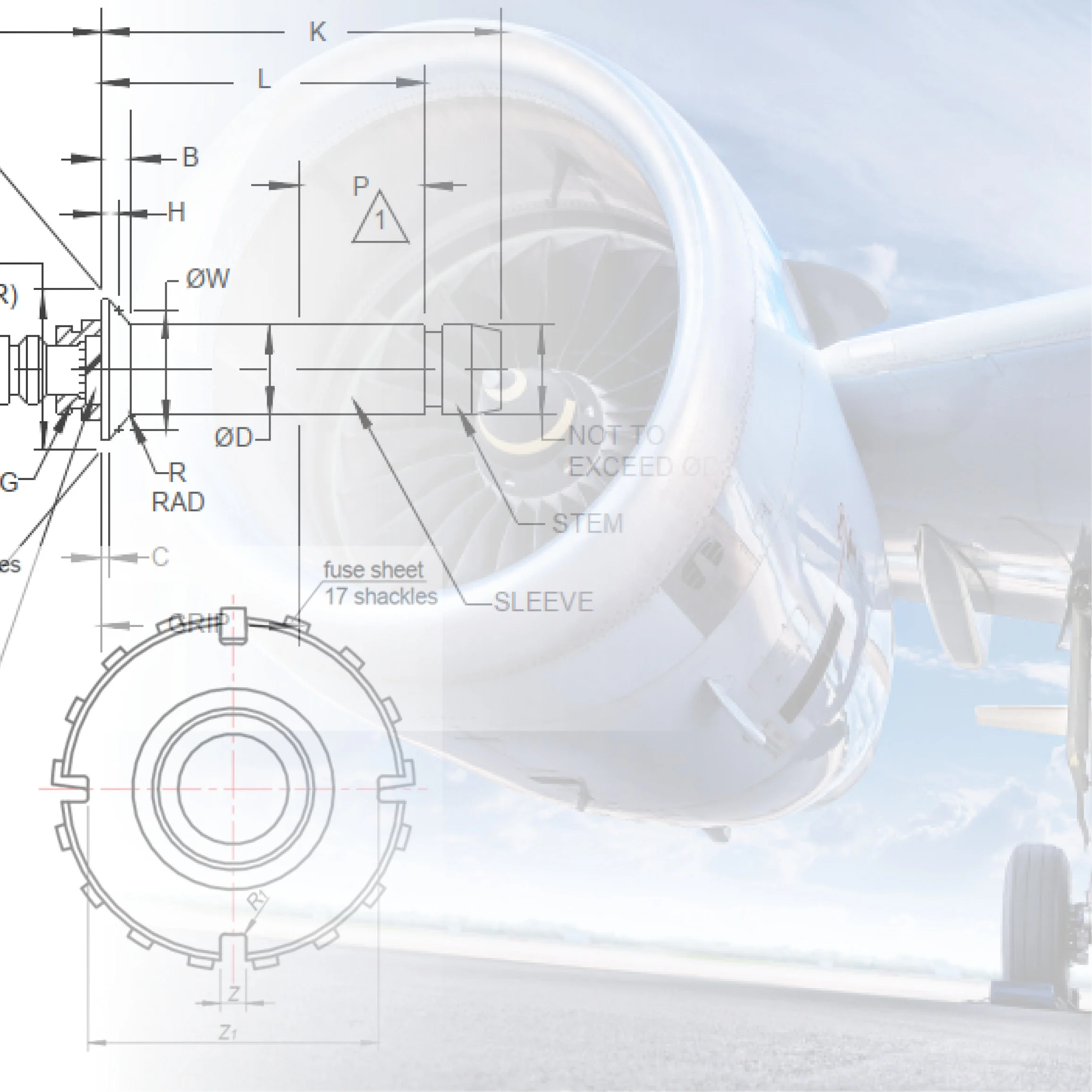 Illustration of a fastener's technical drawing, with an airplane engine in the background, highlighting aerospace engineering details.