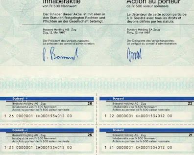 Photo of a Bossard AG Zug bearer share worth CHF 500 from 1987.