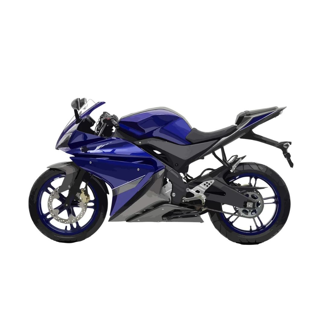 藍色運動摩托車,設計流線,側視圖,背景為白色。