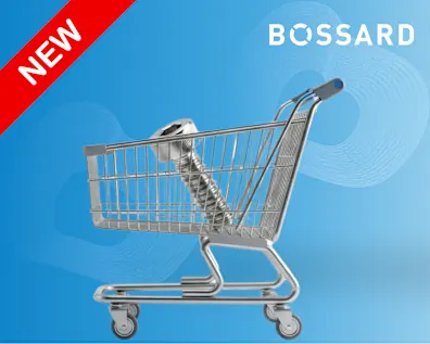 Metallener Einkaufswagen mit einer übergroßen Schraube auf blauem Hintergrund mit Bossard Logo und rotem „NEW“-Banner.