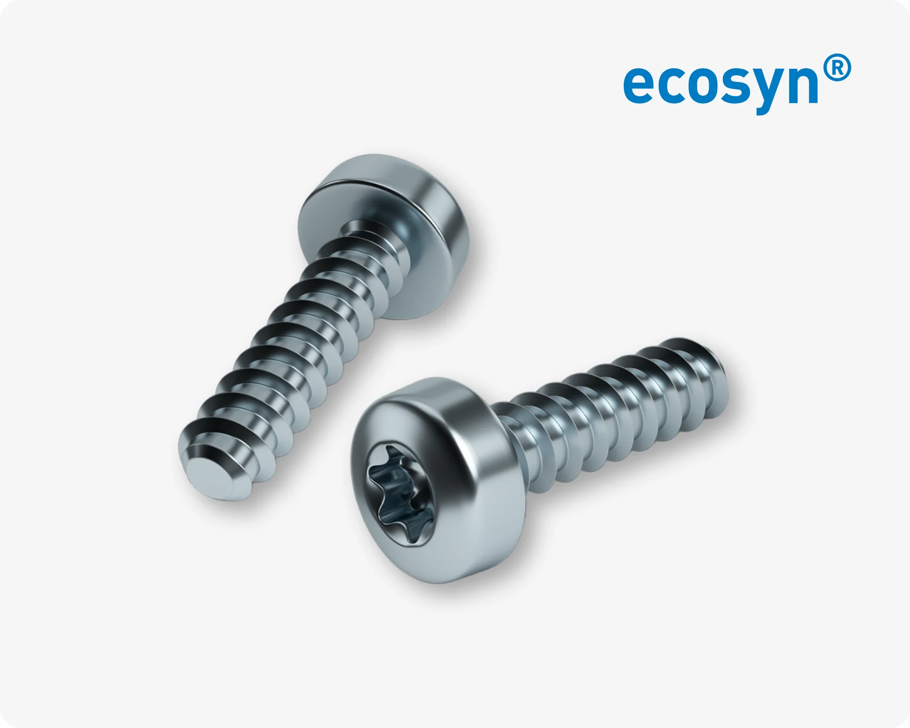 Two ecosyn plast direct assembly screws for thermoplastics on light grey background with the ecosyn logo in the top right corner.