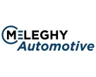 Logotipo de Meleghy Automotive con "M" en un círculo azul y "Automotive" en texto azul debajo de "Meleghy" en negro sobre un fondo blanco.