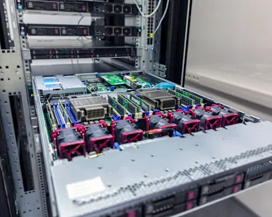 Rack de servidor interior mostrando placa base con ranuras RAM, disipadores de calor y ventiladores de refrigeración rojos montados en un chasis de centro de datos