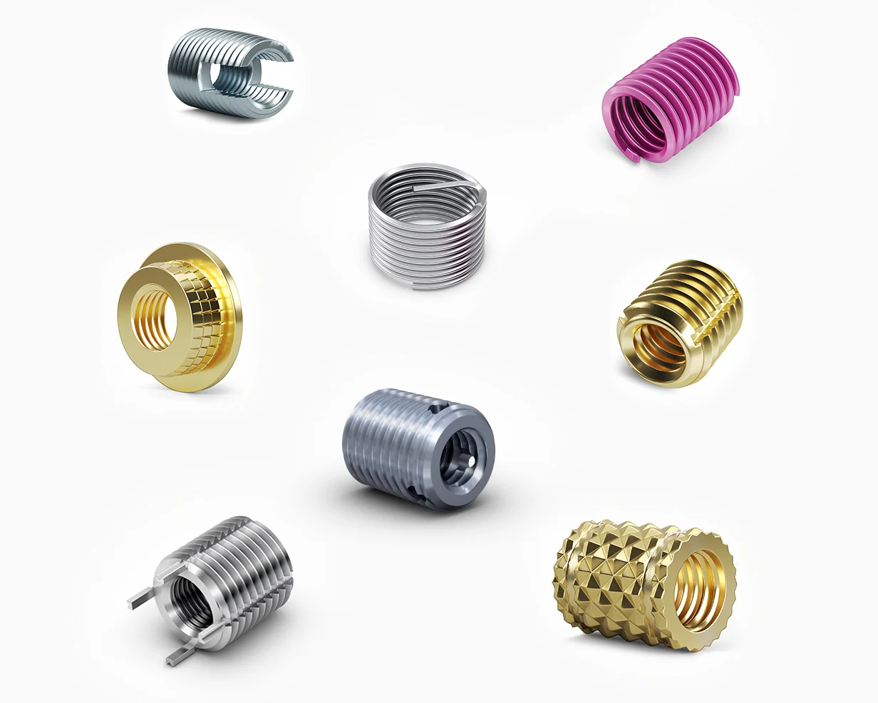 Diversi tipi di inserti filettati, inclusi inserti in ottone, inserti a filo e inserti a chiave.