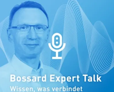 Bossard Expert Talk Podcast-Cover mit Experten Bela Sabo auf blauem Hintergrund