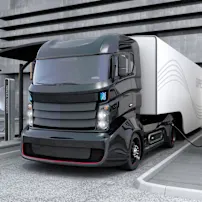 Hybrid-Elektro-Lkw lädt an Station. 3D-Darstellung.