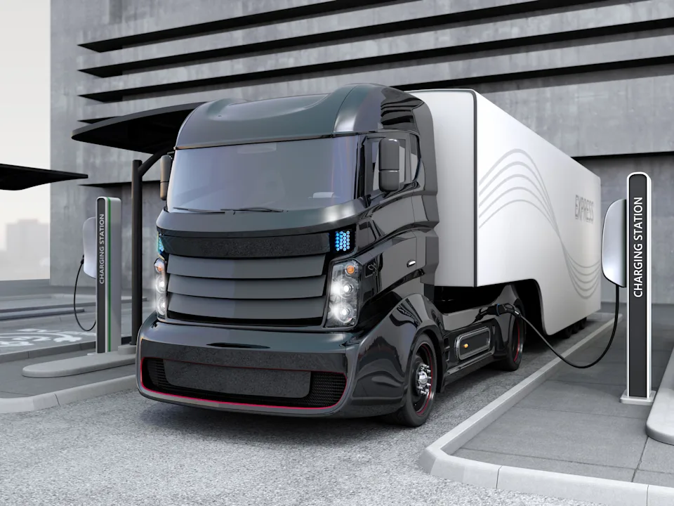 Hybrid electric truck charging at station. 3D rendering.