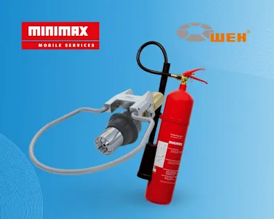 Ein roter Feuerlöscher und ein WEH Schnellveschluss, zentriert auf blauem Hintergrundverlauf, rotes Minimax-Logo in der linken oberen Ecke, WEH-Logo in der rechten oberen Ecke