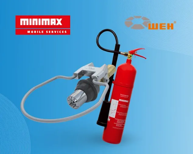 Ein roter Feuerlöscher und ein WEH Schnellveschluss, zentriert auf blauem Hintergrundverlauf, rotes Minimax-Logo in der linken oberen Ecke, WEH-Logo in der rechten oberen Ecke