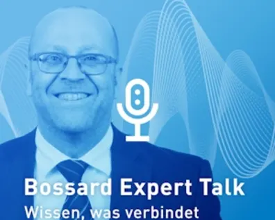 Bossard Expert Talk Podcast-Cover mit Experten Walter Scharpf auf blauem Hintergrund