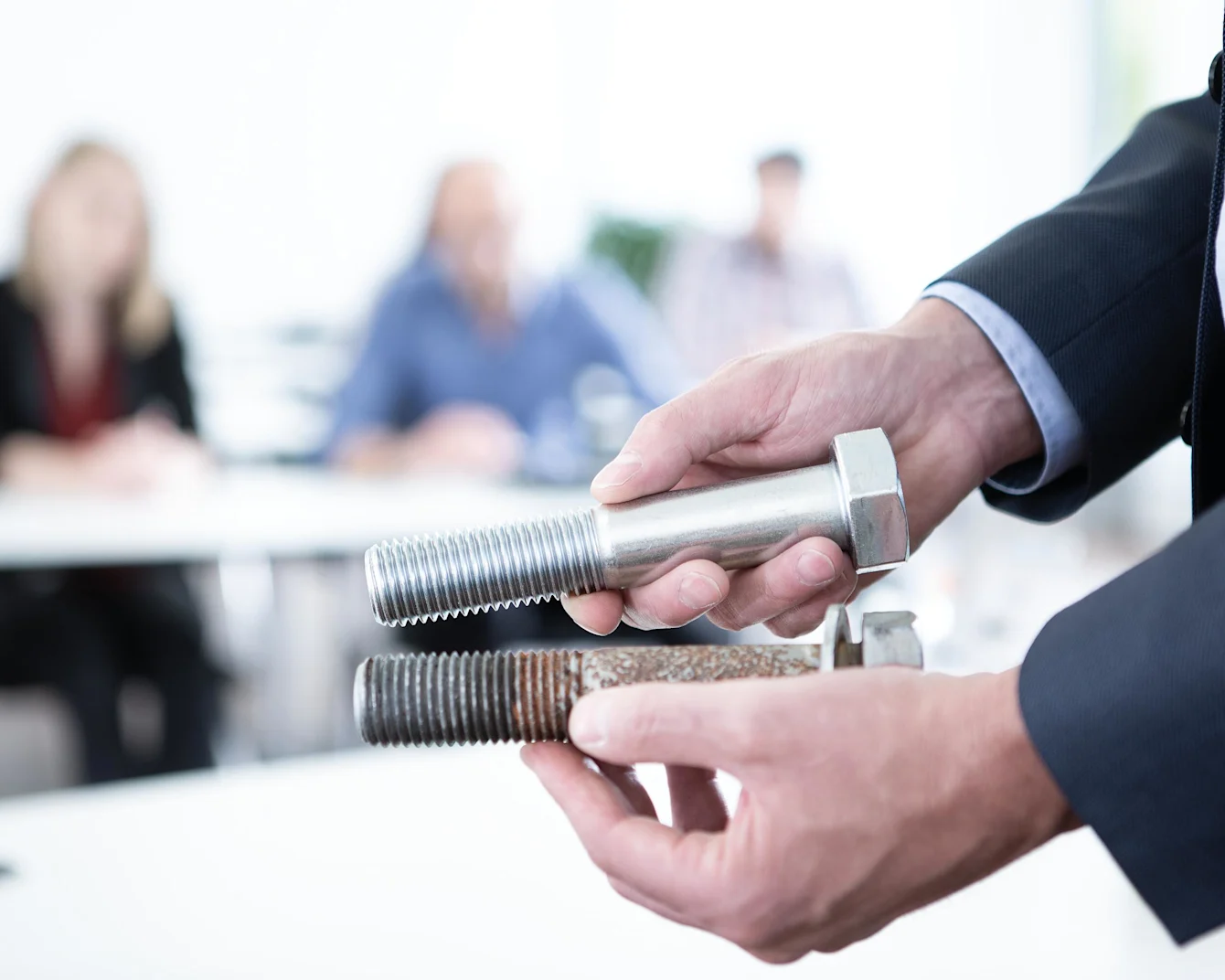 Two hands hold bolts: the right a new, corrosion-free bolt; the left a corroded one. Three persons sit blurred in the background.