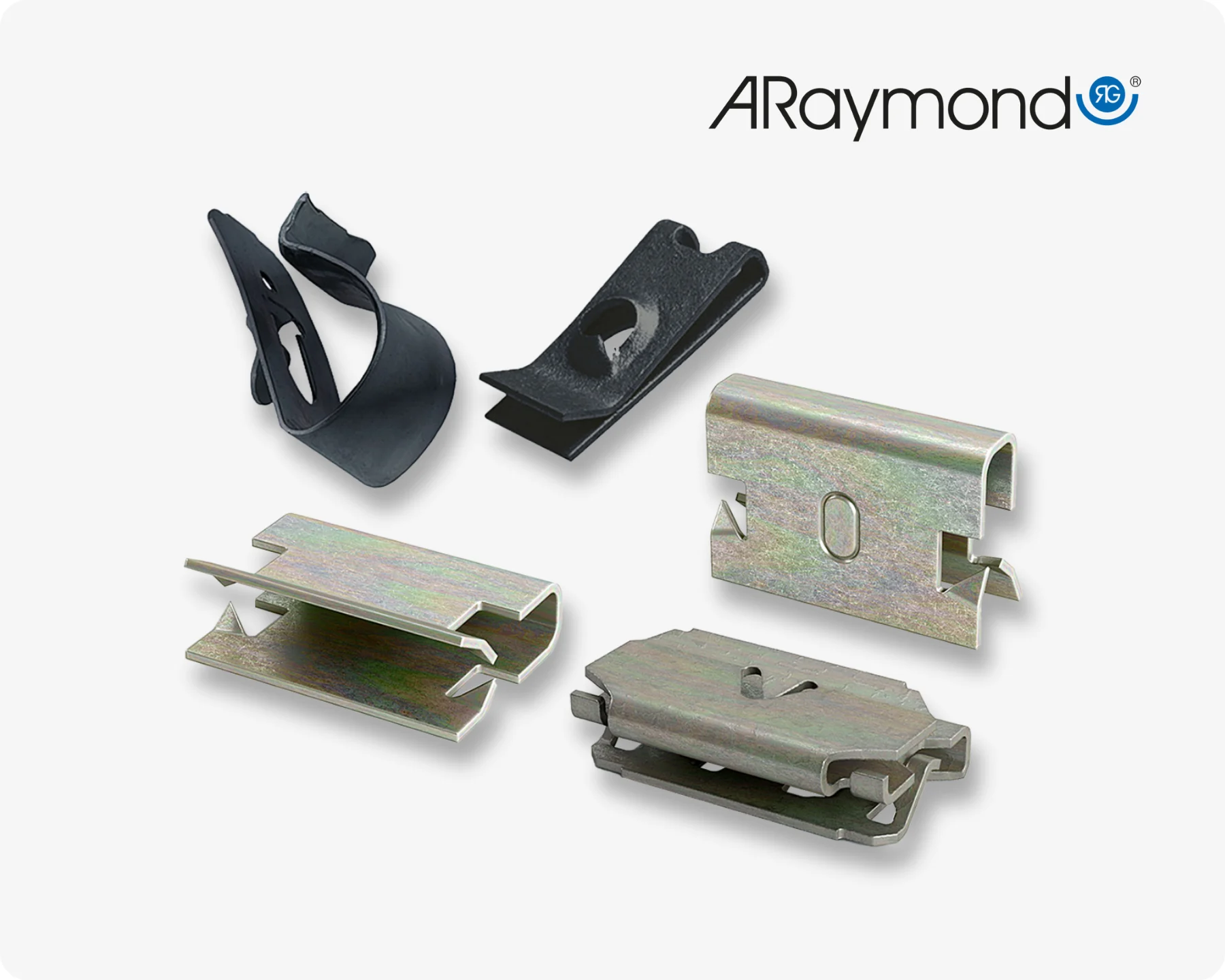 Different types of ARaymond clip fasteners, including panel clips and panel edge nuts on light grey background