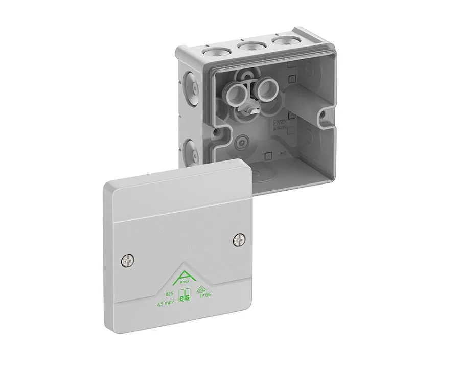 Una scatola di giunzione elettrica Spelsberg Abox con coperchio aperto per vedere l'interno.