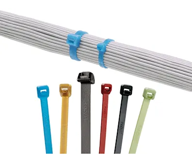 Attaches de câbles Panduit Pan-Ty de différentes couleurs sur fond blanc, y compris un assemblage de câbles