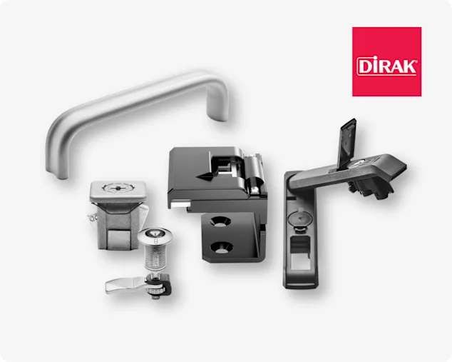 Các giải pháp truy cập thương hiệu Dirak khác nhau, bao gồm tay cầm, khóa xoay một phần tư và bản lề, trên nền xám nhạt với logo Dirak ở góc trên bên phải.