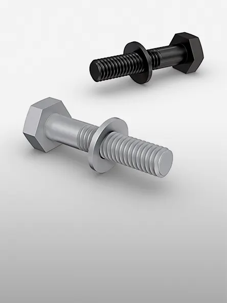 Šedý a černý šroub s tribologickým suchým povlakem a podložkou na světle šedém pozadí