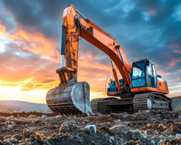 Ein orangefarbener Bagger steht auf einem Feld vor dem Sonnenuntergang.