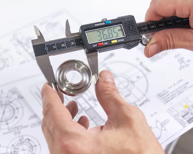 A pair of hands gripping a caliper to measure a metal bearing above technical drawings and specifications.