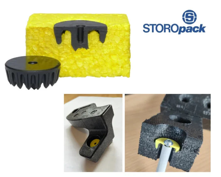 Gelbes Schaumstoffmaterial und Anwendungsbeispiele mit integrierten Befestigungslösungen und Storopack Firmenlogo