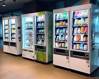 Mehrere moderne Snackautomaten in einer Halle.