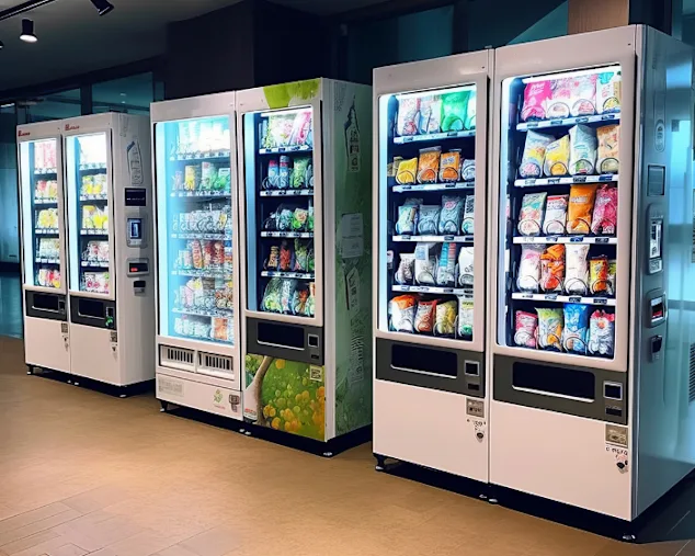 Mehrere moderne Snackautomaten in einer Halle.