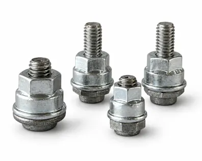 Four different Tucker grounding studs with collar nuts on white background