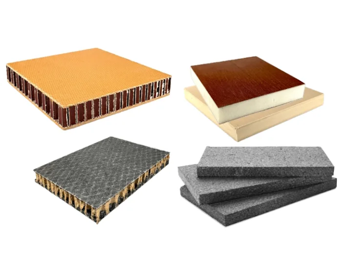 Vier verschiedene Sandwichmaterialien und Schaumstoffplatten für leichte und stabile Konstruktionen.