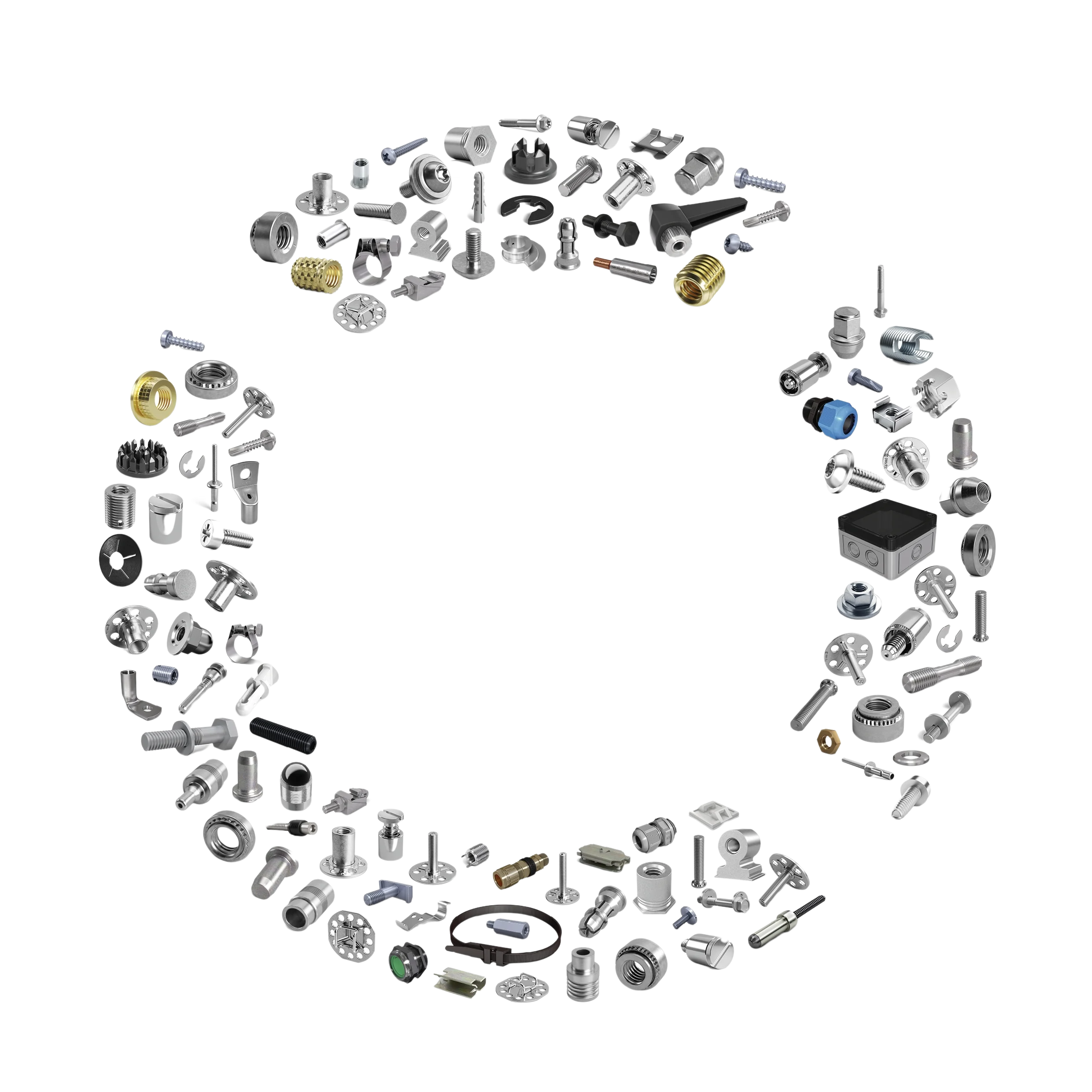Ein Kreis aus verschiedenen Verbindungselementen und Befestigungslösungen, die unterschiedliche Funktionen und Produkte repräsentieren.