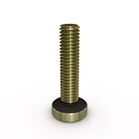 A brass colored bolt with black Nyplas under-head sealing coating on white background