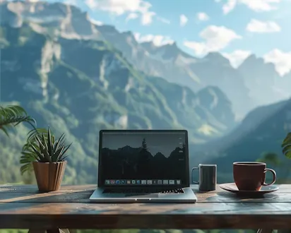 Laptop auf Holztisch mit Kaffeetasse und Pflanze, im Hintergrund eine malerische Berglandschaft – Symbol für flexibles Arbeiten.