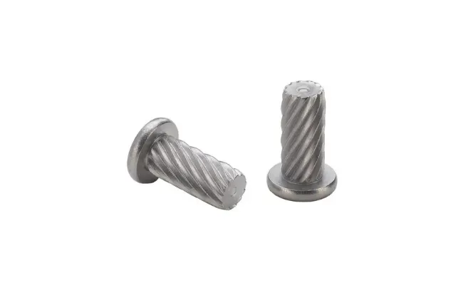 Two type TKA™ TK4™ microPEM® TackSert® Pins, designed for fastening a top panel to a bottom panel or chassis, on white background