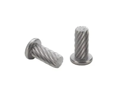 Two type TKA™ TK4™ microPEM® TackSert® Pins, designed for fastening a top panel to a bottom panel or chassis, on white background