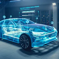 Ingenieur interagiert mit einer digitalen Simulation eines futuristischen Autos, die fortschrittliche Automobiltechnologie und Innovation zeigt.