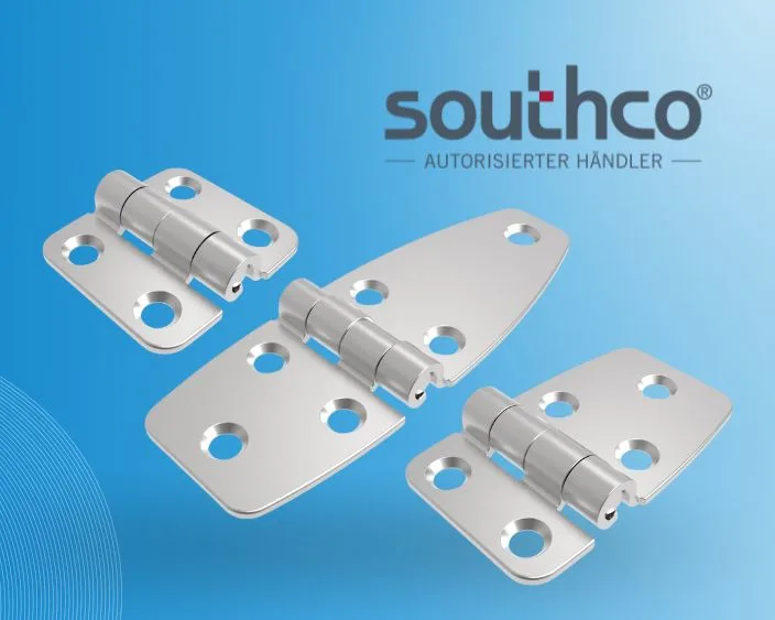 Drei silberne Southco® Edelstahl-Friktionsscharniere in unterschiedlichen Flügelgrößen und -formen auf blauem Hintergrund, darüber das Southco® Logo mit dem Zusatz „Autorisierter Händler“.