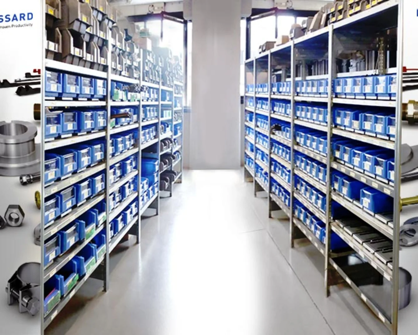 Un corridoio di magazzino con scaffali metallici pieni di contenitori blu, contenenti vari piccoli componenti e strumenti, sotto una luce intensa.
