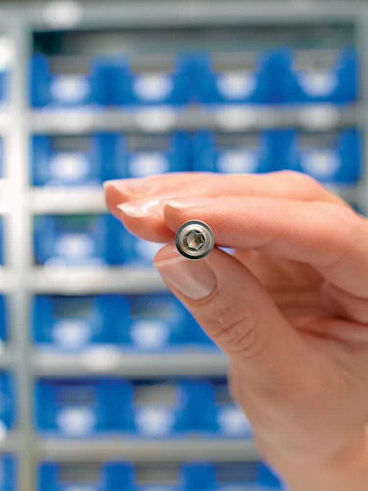 Female hand holding a hexalobular socket pan washer head screw in front of a background with blue boxes