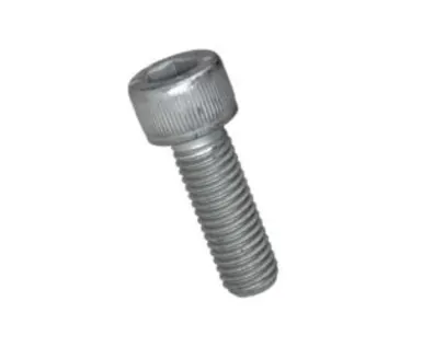 Une vis avec un revêtement en flocons de zinc sur un fond blanc.