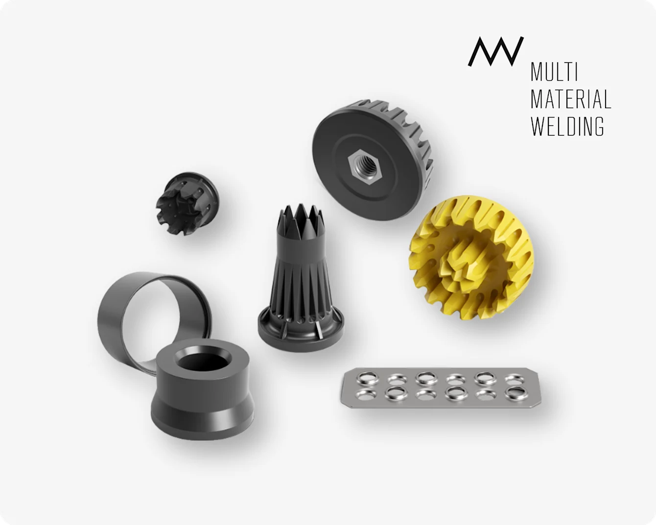 Soubor různých MM-Welding spojovacích prvků pro spojování kompozitů a lehkých materiálů ultrazvukovým svařováním.