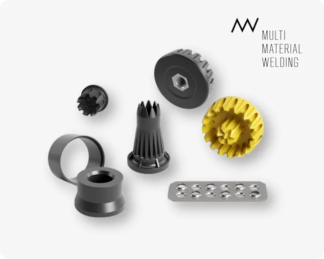 Ein Ensemble verschiedener MM-Welding Verbindungselemente zum Verbinden von Verbundwerkstoffen und Leichtbaumaterialien durch Ultraschallschweißen.