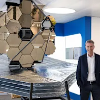Daniel Bossard with the James Webb Space Telescope (JWST) model in 1:4 scale @Bossard in Zug